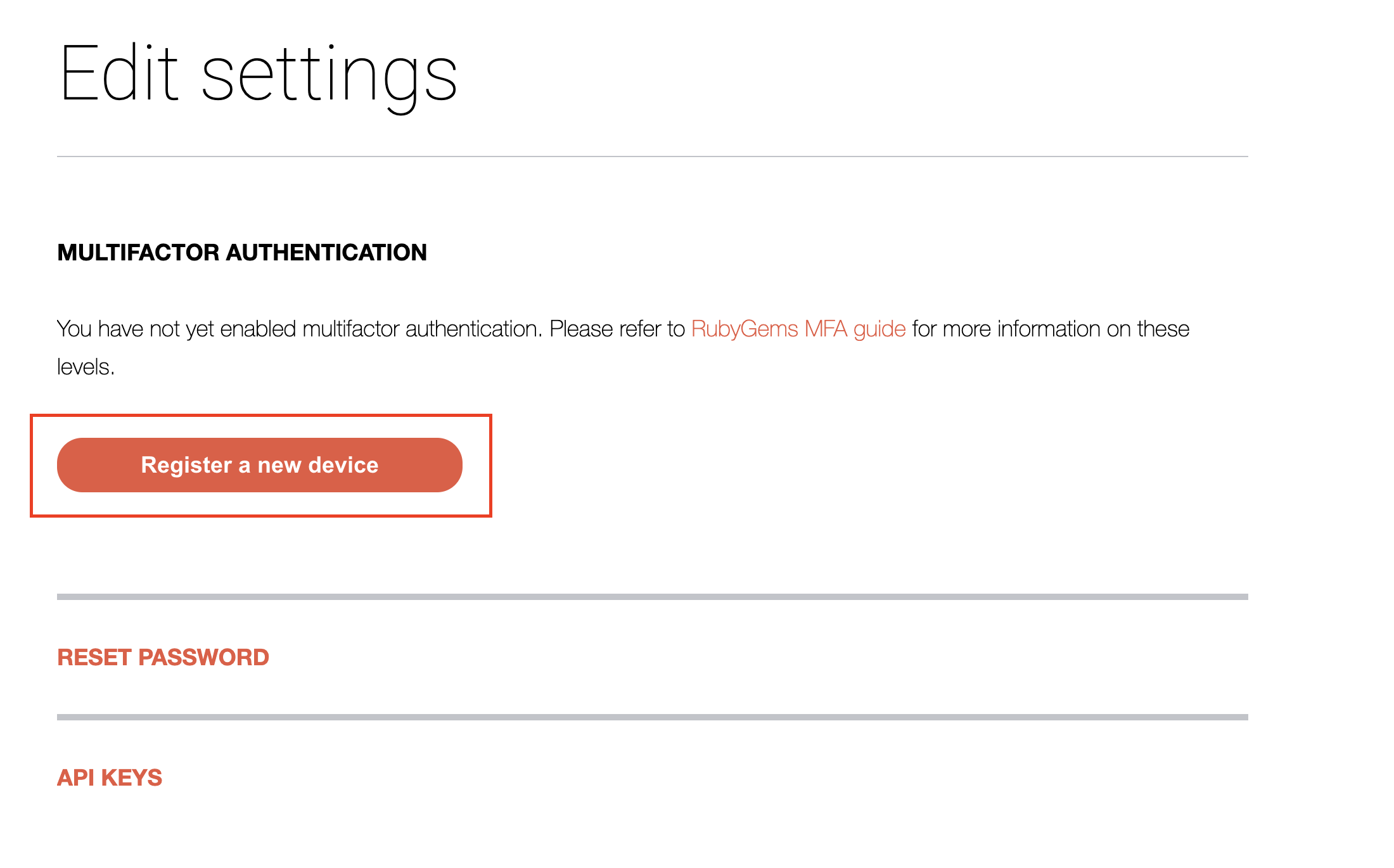 Multifactor authentication section on the edit settings page