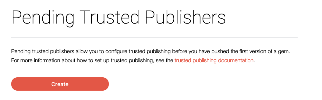 User's pending trusted publisher page with a create button