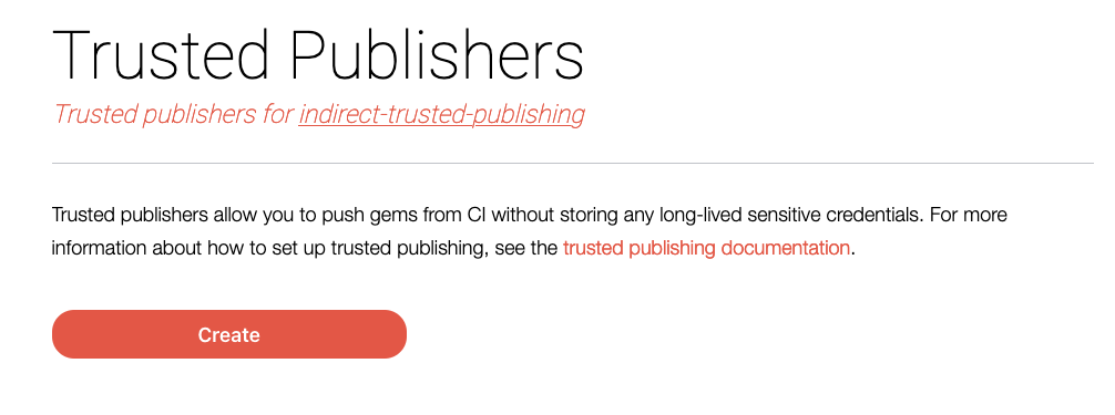 Gem's trusted publisher page with a create button